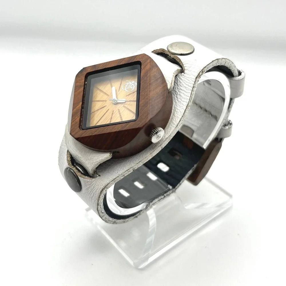 Mistura Wood Watch Square Case White Leather‎ Cuff Strap Artisan Handcrafted